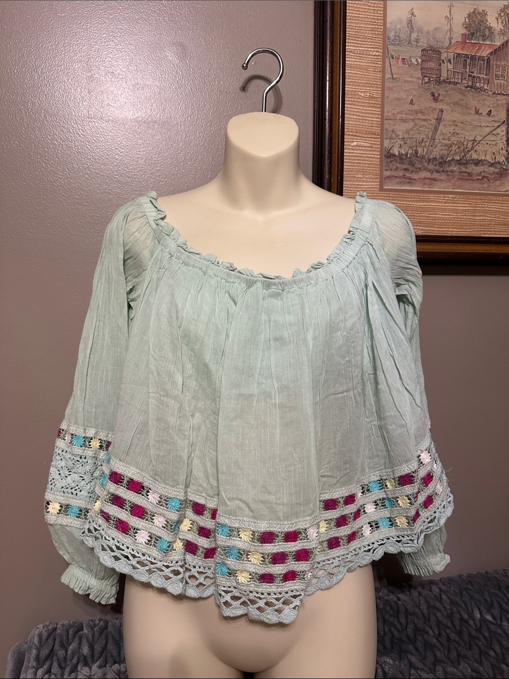 Free People Wander The Unknown Mint Green Off-Shoulder Embroidered Top size Med - Picture 2 of 7